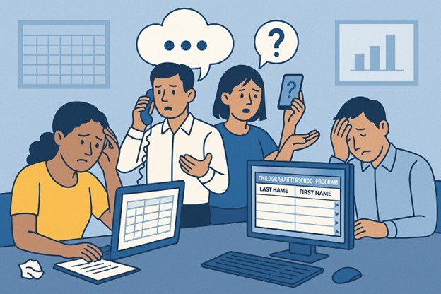 School administrators struggling with outdated childcare management software and manual data entry in afterschool program office